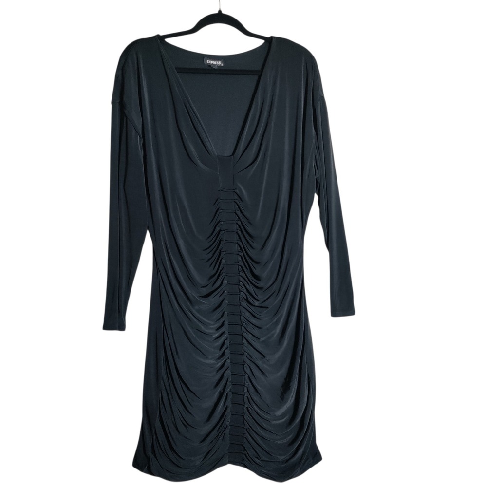 Express Womens Black Long Sleeve V-Neck Ruched Bodycon Mini Dress Size L